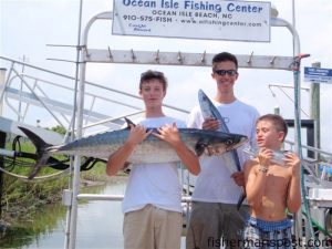 This 34.6 lb. king mackerel fell for a naked pogy in 65' of water while John and Jack Volinsky and Henry, Will, and David Biermann were on a charter out of the Ocean Isle Fishing Center with Capt. Brant McMullan on the "OIFC World Cat."