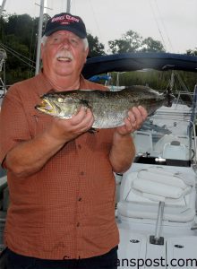 Dwayne Neas, of Jacksonville, NC, with his first speckled trout. He hooked 6 lb., 13 oz. speck on a live pinfish in the New River near downtown Jacksonville.