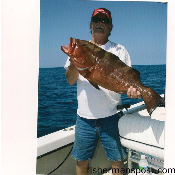 Joe Groce with a 27 lb. red grouper he hooked on a live cigar minnow in 100' of water off Frying Pan Tower.