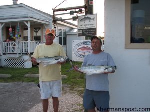 Bill Laghinghouse, from Atlantic Beach, and Tim "The Trout Man,' of Chasin' Tails Outdoors with a pair of 6-7 lb. spanish mackerel they hooked on live finger mullet at AR-315.
