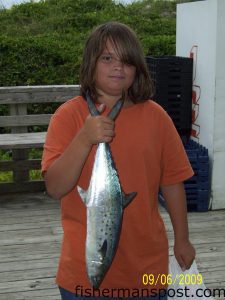 Jaycob (age 10), from Hampstead, with a 3.23 lb. spanish mackerel he hooked on a live bait from Surf City Pier.