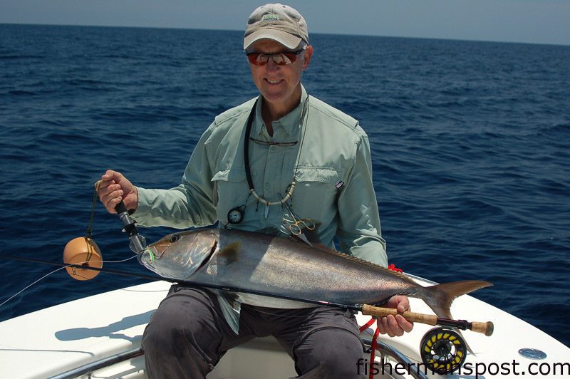 Dr. Bill Berry, of Raleigh, NC with a 25 lb. amberjack he hooked on a super deep Clouser Minnow fly while fishing some structure east of Cape Lookout Shoals with Capt. Danny Adams of Old Yeller Guide Service out of Atlantic Beach.
