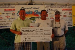 Jeff Crouch and Jerry Ridenhour, fishing on the "Strickly Business," weighed in the 28.38 lb. king mackerel that earned second place in the Bruswick Islands Saltwater Classic. Their fish fell for a naked pogy at Frying Pan Tower.
