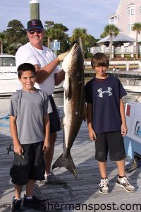 Mark, Sam, and Joe Hartman with a 64 lb. cobia they hooked on a live pogy 9 miles off of the Cape Fear River mouth.