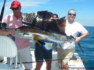 George White and Julie and Brandon Washam with a sailfish they hooked on a pogy beneath a Blue Water Candy skirt at the Jungle.