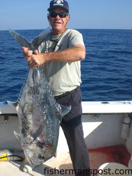 Sid Phillips, of Seven Springs, NC, with a 27 lb. African pompano he hooked at a wreck 40 miles off Topsail on a butterfly jig. He was fishing with his son Warren and Dan Joye on the “No Holidays.”