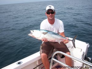 Michael McElhone, Marina Manager at MCAS New River, with a fat false albacore that fell for a skirted cigar minnow at AR-362 out of Topsail.