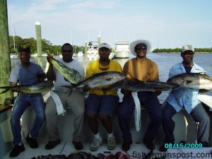 William and Wendell Owens, Herb Cambpell, Benn McDonald, Albert Craig, and Tony Cameron, all from Fayetteville, NC, with amberjacks, dolphin, and a king mackerel they hooked in addition to a catch of bottomfish including beeliners and grunts while fishing offshore of Southport with Capts. Butch and Chris Foster of Yeah Right Charters.
