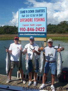 Tim Wulf, Jim Thomas, and Norb Wulf, of Washington, KY, with six king mackerel they hooked just east of Yaupon Reef on live pogies while fishing with Capt. Keith Logan of Stand'N Down Charters. The larger fish weighed 28, 25, and 22 lbs.