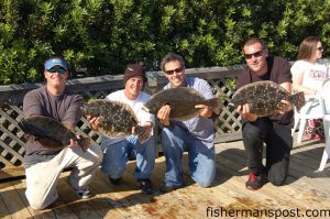 Eddie Hardgrove, Capt. Wayne Crisco, Gary Hurley, and Max Gaspeny, of Team Fisherman's Post, with four of 13 keeper flounder they weighed in on their way to second place in the Flat Bottom Girls Flounder Tournament. The flatties fell for live finger mullet at a ledge dropping from 10-20' in Banks Channel.