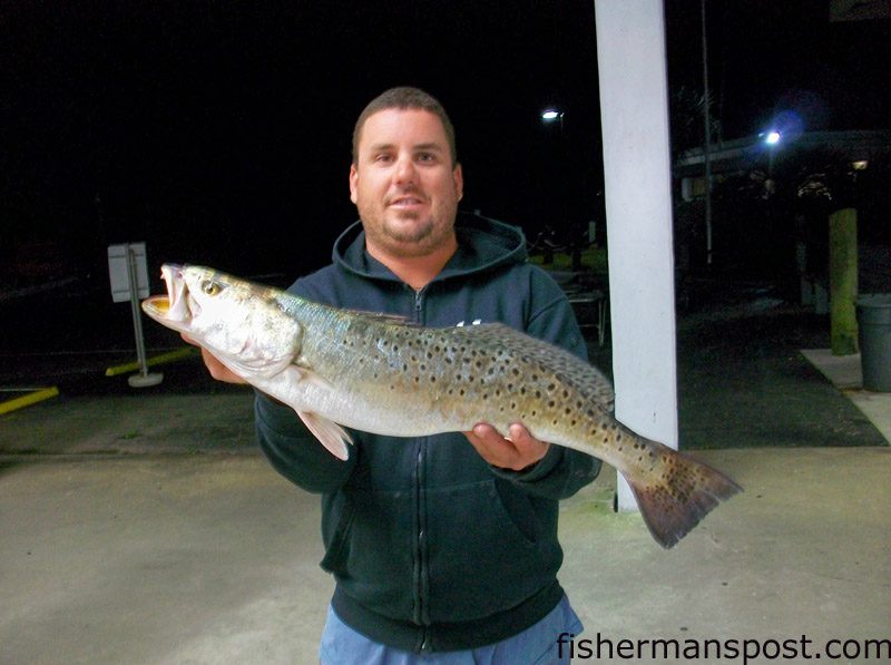 Capt. Blair White, of Tightline Fishing Charters out of Wilmington, with a 26", 6.06 lb. speckled trout that fell for a grub near Masonboro Inlet at night.