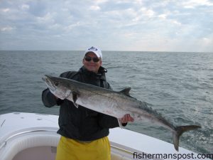 Ryan Weaver with his largest king mackerel to date. He hooked the 31 lb. fish 8 miles off of Southport on a double pogy rig while fishing with Capt. Russell Weaver of Living Waters Guide Service.