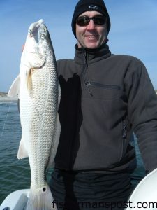 Tim Farless, of Raleigh, with a 29" red drum he hooked in the surf zone near Bogue Inlet. The red fell for a Gulp pogy while he was fishing with Capt. Jeff Cronk of Fish'N4Life Charters.