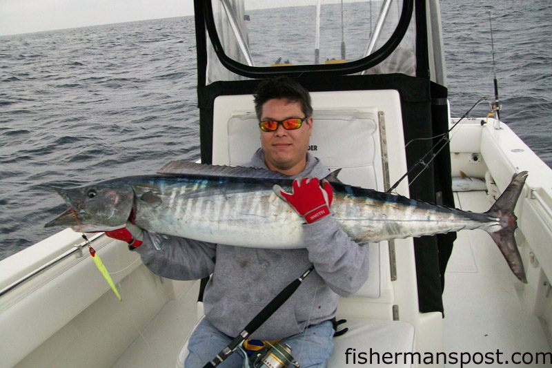 Andrew Merson, from NY, with a 50 lb. wahoo he hooked while vertical jigging in 280' of water near the Steeples. He was fishing with Capt. Mike Jackson of Live Line Charters out of Wrightsville Beach.