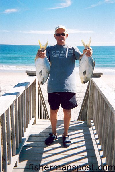 John B. Parker, of Goldsboro, NC, with a pair of 5+ lb. pompano he hooked (along with three more over 3 lbs.) in the Topsail Island surf.