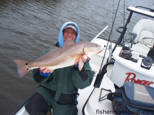 Capt. Jeff Wolfe, of Seahawk Inshore Fishing Charters, with a winter red he hooked in a creek off the lower Cape Fear River on a Saltwater Assassin paddletail grub.