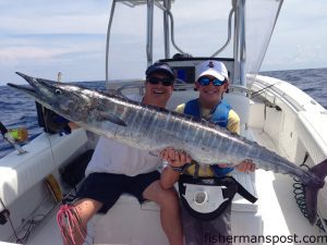 Jason and Brayden Crowder with Brayden's first citation wahoo, a 40 lb. fish that bit a high-speed lure near the Nipple in 165' of water while they were trolling off Wrightsville Beach.