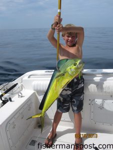 Michael Black with a gaffer dolphin he landed on spinning gear after it struck a skirted ballyhoo near 23 Mile Rock. He was on an 8th birthday offshore trip with his father and Chris Brock on the "Singlefin."