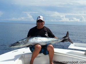 Tony Brigman with a 61 lb. wahoo that bit a ballyhoo 63 miles off Carolina Beach Inlet while he was trolling on the N2Deep.
