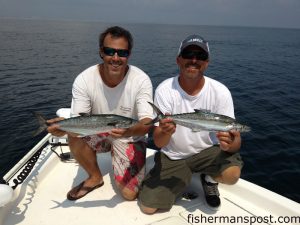 Gary Hurley and Capt. Jamie Rushing, of Seagate Charters, with a couple of the spanish mackerel they caught while fishing offshore of the sea buoy out of Wrightsville Beach. Jamie was guiding the trip on Gary's bay boat.