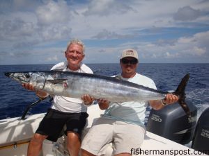Mike Feasel and Matt Best with a citation wahoo that bit a skirted ballyhoo north of the Steeples while they were trolling out of Carolina Beach.