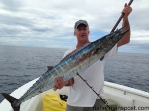 David Bergemann with a 38 lb. wahoo he landed just north of the Nipple after it struck a diving plug while he was fishing with Roger Doolittle.