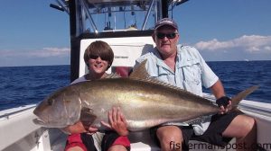 Luke Dalli (age 13), of Wake Forest, NC, with a 64" length by 40" girth (est. 100 lbs.) amberjack he landed after it bit a vertical jig in 300' of water off Wrightsville Beach. He was fishing with Capt. Mike Jackson of Live Line Charters.