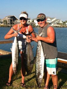Kasey Best and David Jordan, of Garner, NC, with 15 and 21 lb. king mackerel and a 28 lb. blackfin tuna that bit live menhaden while they were trolling east of Lookout Shoals.