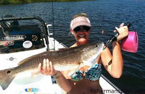 Gina Marcum with a 30" red drum she caught and released in the lower Cape Fear River while fishing with her husband, Capt. Don Marcum of Big Beast Fishing Charters. The red fell for a 5" Z-Man soft plastic.