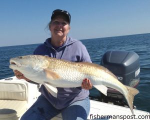 Susan Magnabosco, of Wilmington, NC, with a 45" red drum that struck a jig around some live bottom just off Topsail Island.