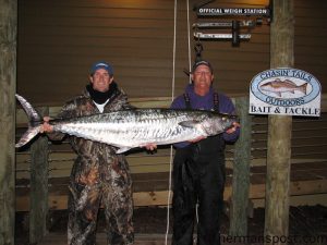 Gordan Dunn and Mike Williams, of Greenville, NC, with a 60 lb. king mackerel that bit a live bait east of Cape Lookout shoals. Weighed in at Chasin' Tails Outdoors.