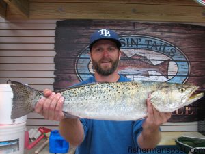 Kelly Styron, of Morehead City, with a 6 lb. speckled trout that he hooked in a North River creek while kayak fishing. Weighed in at Chasin' Tails Outdoors.