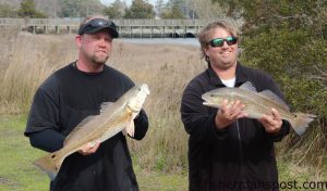 Jon Morton and Capt. Robbie Hall, of Team Reel Outdoors, with the 12.30 pair of red drum that earned them victory in the Riley Rods Spring Redfish Shootout, including the 6.56 lb. fish that also topped the Single Big Fish TWT.