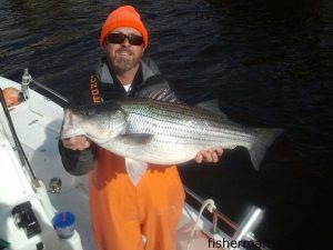 Capt. Jamie Rushing, of Seagate Charters, with a 16.5 lb. striped bass that struck a soft plastic bait in the Cape Fear River.