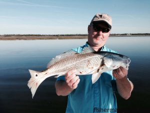 James Wetter, of Kannapolis, NC, with a 25" red drum he hooked on a weedless Zoom Fluke soft plastic while fishing a bay behind Bear Island with Capt. Rob Koraly of Sandbar Safari Charters.