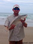 Wesley Roberson, of Lillington, NC, with a 26" red drum that bit a cut bait in the surf at the south end of Topsail Island.
