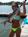 Ashley Robins, of Wilmington, with a bluefish that bit a live finger mullet in Masons Inlet.