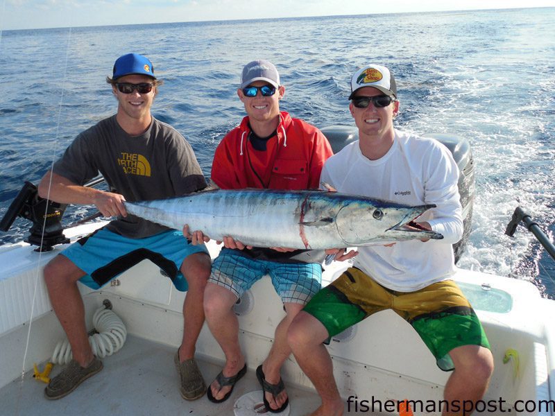 Casey and Taylor Miller and Drew Wilkinson with a citation 45.3 lb. wahoo that bit a skirted ballyhoo near the 100/400 while they were fishing with Mike Miller.