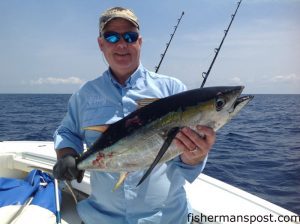 Will Snellgrove, of Ft. Mill, SC, with a blackfin tuna that bit a ballyhoo behind a trolling weight near the Steeples while he was fishing out of Holden Beach aboard the "Pokey."