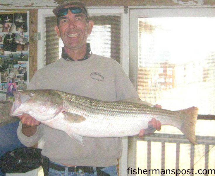 David Barr, of Moyock, NC, with an 18 lb. striped bass that bit a sand flea off Outer Banks Pier.
