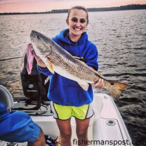 Megan Gerrell with a 28" red drum she caught and released in Broad Creek off the Neuse River while fishing with shrimp.