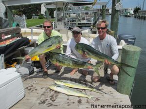 Miles Chamblee, Allen Davis, and Mason Chamblee, of Raleigh, NC, with dolphin that bit skirted ballyhoo 30 miles off Cape Lookout.