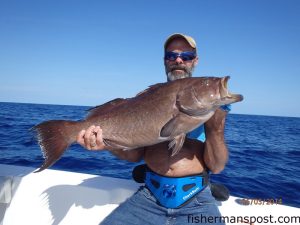 Jeff Holshouser with a 15.5 lb. scamp grouper that bit a cut bait 35 miles off Carolina Beach Inlet while he was bottom fishing on the "Reel Freq."