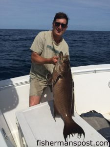 Jaques Dufour, of Pittsboro, NC, with a huge yellowmouth grouper that inhaled a live pinfish at some bottom structure in 105' of water south of Wrightsville Beach while he was fishing with Nick Maraveyias aboard the "SeaBiscuit."