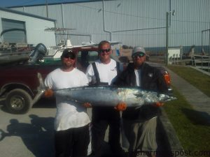 Todd Smith, Jon Morton, and Capt. Robbie Hall with an 86 lb. wahoo that bit a ballyhoo under a red/black Ilander while they were trolling at the Big Rock on the "Triple S."