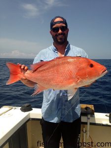 Adam Insley with a 19 lb. red snapper that bit cut squid at some bottom structure 20 miles off Bogue Inlet while he was fishing with Keith Edwards.