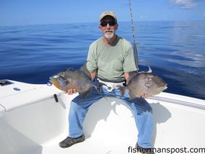Bob Lypka, of Winston-Salem, NC, with a doubleheader of queen and gray triggerfish he hooked while fishing some bottom structure 60 miles off Carolina Beach Inlet with Lowell Mason on the "Sarah's Worry Too."