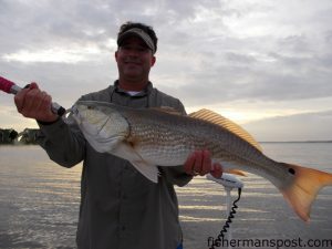 Chris Humpry, of Beulaville, NC, with an over-slot red drum that struck a spoon in the New River while he was fishing with Capt. Allen Jernigan of Breadman Ventures.