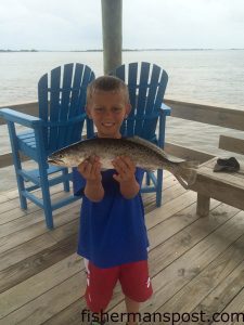 Camden Lemonds with a 17.5" speckled trout that bit a live finger mullet near Southport while he was fishing with his father.