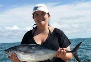 Natalie Kirkley with a false albacore that she hooked on a pink-skirted ballyhoo while trolling 28 miles off Murrells Inlet with Capt. Jason Smith on the "Hamlet Hooker."